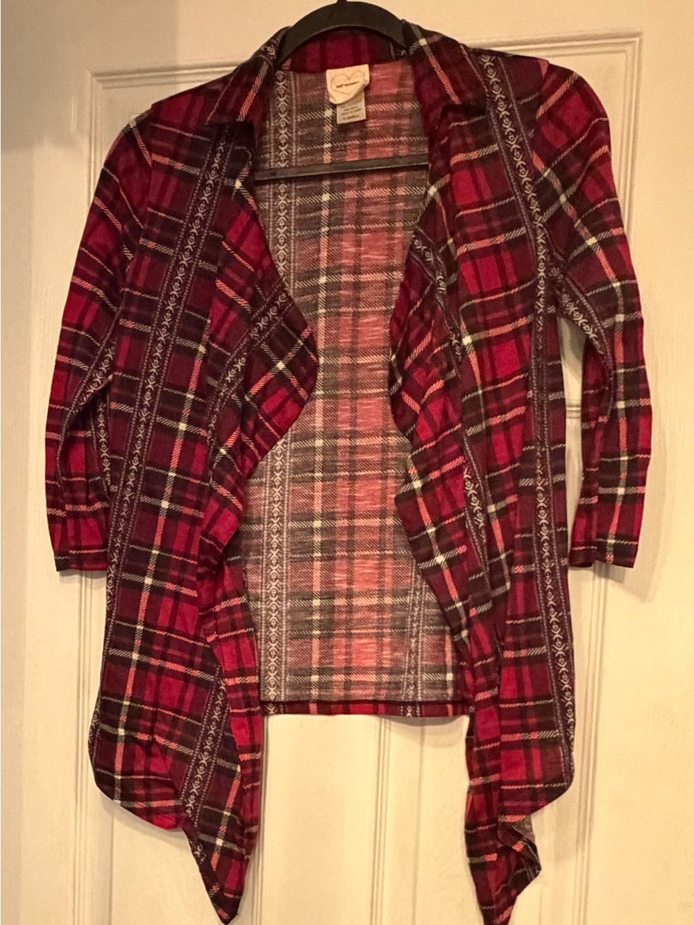 Self Esteem Red Plaid Open-Front Draped Cardigan Jacket